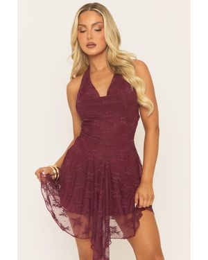 Rebellious Fashion Lace Cowl Dip Waist Mini Dress - Red