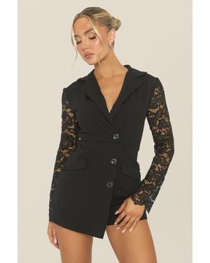 Rebellious Fashion Lace Sleeve Tailored Blazer Playsuit - Black