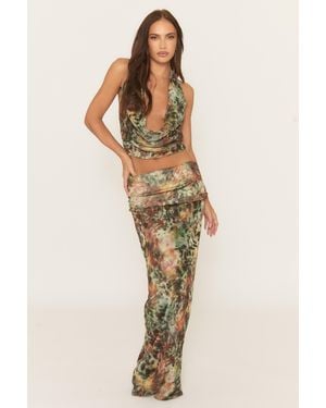 Rebellious Fashion Animal Print Mesh Cowl Top And Maxi Skirt Co-Ord Set - Natural