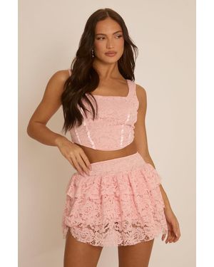 Rebellious Fashion Lace Corset And Ruffle Mini Skirt Co-Ord- Ariel - Pink