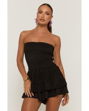 Rebellious Fashion Shirred Textured Ruffle Playsuit - Black