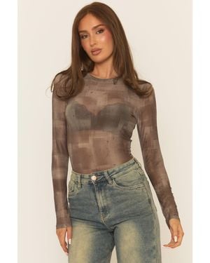 Rebellious Fashion Taupe Abstract Print Mesh Bodysuit - Multicolour