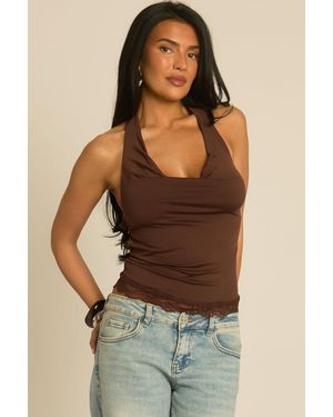 Rebellious Fashion Lace Trim Halter Top - Brown