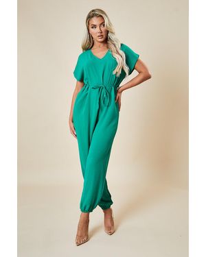 Rebellious Fashion V-Neck Oversized Tie Detail Jumpsuit - Blue