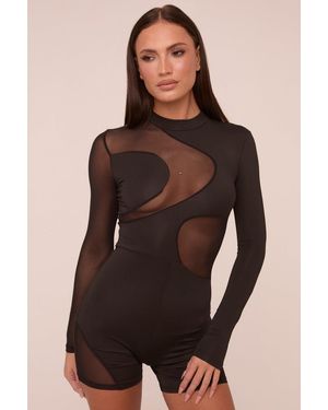 Rebellious Fashion Mesh Panel High Neck Long Sleeves Playsuit - Brown