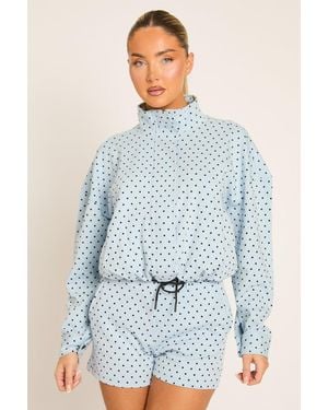 Rebellious Fashion High Neck Zip Up Jacket And Shorts Co-Ord Set - Blue