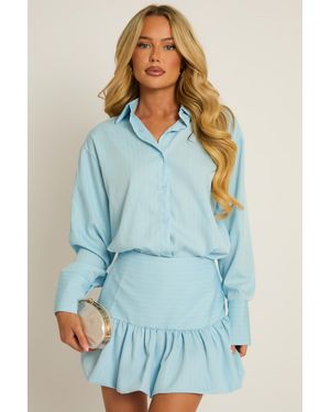 Rebellious Fashion Pinstripe Shirt And Puffball Skirt Co-Ord Set - Blue