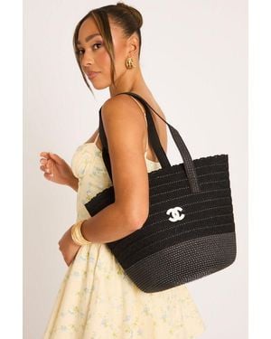 Rebellious Fashion Logo Detail Woven Tote Bag - Black