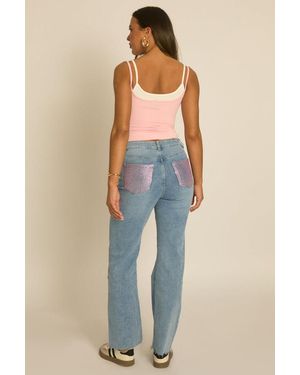 Rebellious Fashion Mid Stretch Hotfix Pocket Detail Jeans - Blue