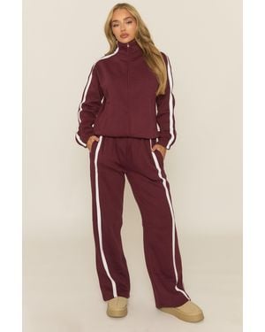 Rebellious Fashion Contrast Stripe Jacket And Joggers Loungewear Co-Ord Set - Red