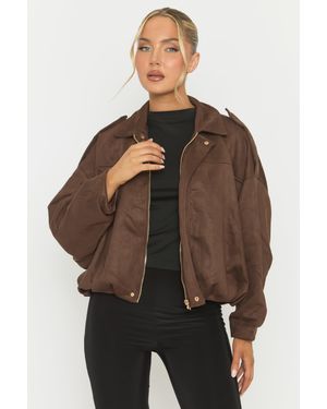 Rebellious Fashion Chocolate Suede Bomber Jacket - Brown