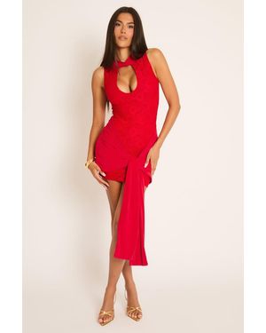 Rebellious Fashion Lace Keyhole Drape Mini Dress - Red