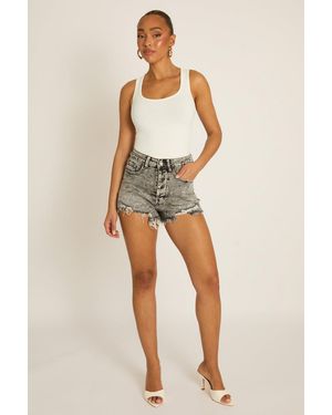 Rebellious Fashion Acid Wash Frayed Denim Shorts - Grey