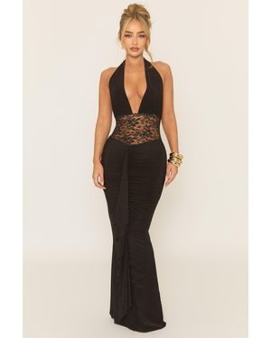 Rebellious Fashion Plunge Neck Lace Insert Maxi Dress - Blue