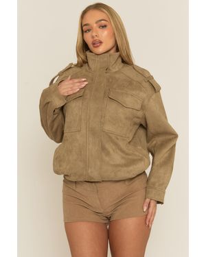 Rebellious Fashion Suede Funnel Neck Bomber Jacket - Brown