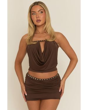 Rebellious Fashion Button Detail Draped Co-Ord Set - Brown