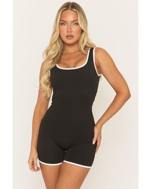 Rebellious Fashion Contrast Piping Short Activewear Unitard - Black