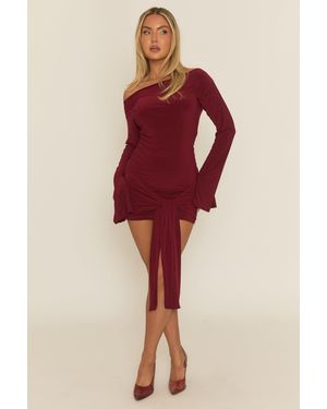 Rebellious Fashion Burgundy Long Flared Sleeves Drape Detail Bodycon Mini Dress