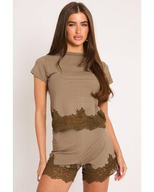 Rebellious Fashion Lace Trim Top And Shorts Co-Ord Set - Brown