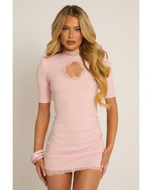 Rebellious Fashion Shoulder Pad Lace Trim Mini Dress - Natural