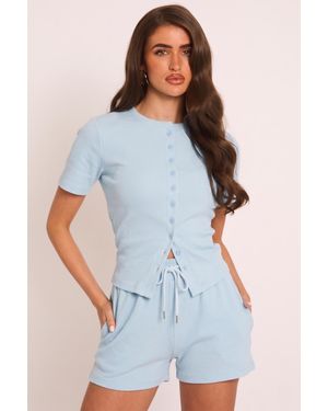 Rebellious Fashion Rib Button Front Top And Short Loungewear Co-Ord Set - Blue