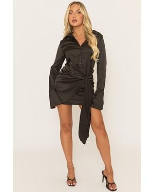 Rebellious Fashion Satin Wrap Shirt Dress - Black