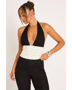 Rebellious Fashion Lace Polka Dot Halter Corset Top - Black