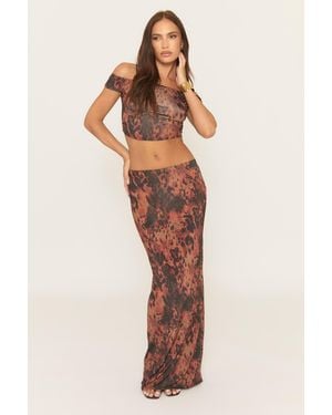 Rebellious Fashion Leopard Print Bardot Top And Maxi Skirt Co-Ord Set - Brown