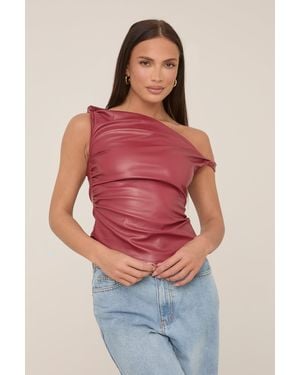 Rebellious Fashion One Shoulder Faux Leather Top - Red