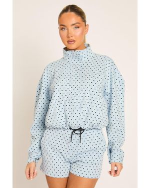 Rebellious Fashion High Neck Zip Up Jacket And Shorts Co-Ord Set - Blue
