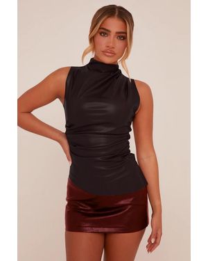 Rebellious Fashion Faux Leather Ruched Top - Black