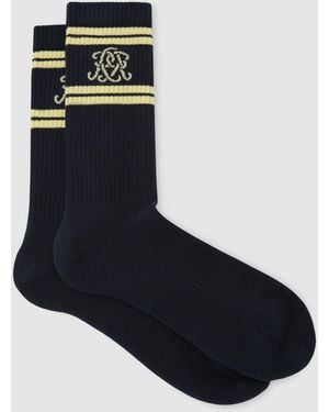 Reiss Monogram Cotton-Blend Ribbed Socks, S & M - Black