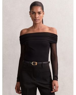 Reiss Sheer Mesh Bardot Top - Black