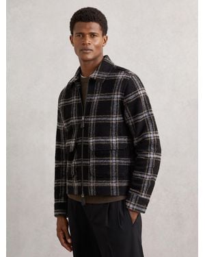 Reiss Zip-Through Check Overshirt With Wool - Black