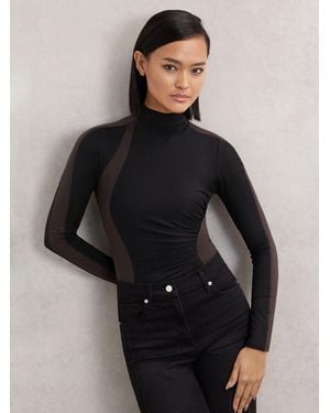 Reiss Chocolate Stretch-Lyocell Panel Ruched Bodysuit - Black