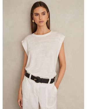 Reiss Mara - White Linen Cap-sleeve T-shirt, Medium (us 8-10) - Natural