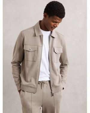 Reiss Medina - Taupe Brown Interlock Jersey Zip-through Jacket, Xxl - Natural