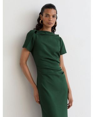 Reiss Hilary - Teal Green Petite Ruched-detail Boat-neck Midi Dress, Us 12