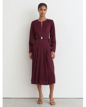 Reiss Houndstooth-Check Belted Midi Dress - Red