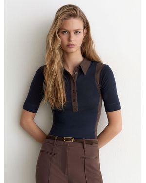 Reiss Chocolate Colour-Block Half-Button Top With Wool - Blue