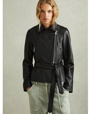 Reiss Leather Belted Jacket - Black