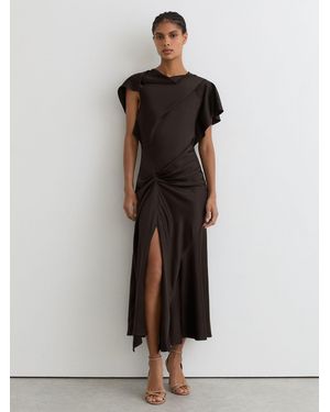 Reiss Sasha - Chocolate Brown Satin Drape-detail Midi Dress, Us 0 - Multicolor