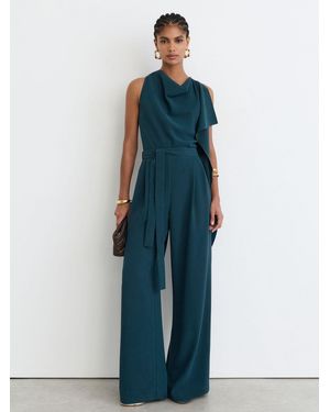 Reiss Kelly - Teal Green Draped-detail Belted Wide-leg Jumpsuit, Us 8 - Blue