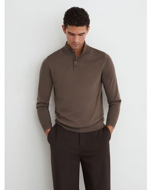 Reiss Merino Wool Funnel-Neck Half-Button Sweater - Brown