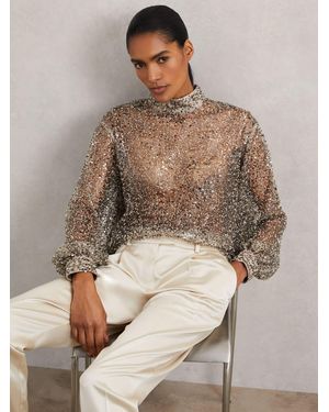 Reiss Sienna - Silver High-neck Embellished Top, Us 8 - Brown