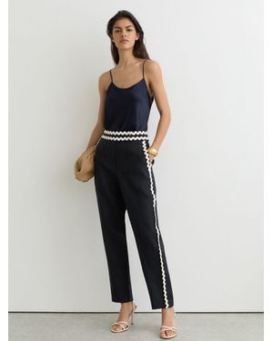 Reiss Taper - Navy Mila Taper Linen Wave-trim Tapered Pants, Us 4 R - White