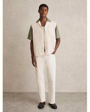Reiss Off & Sage Colour-Block Cuban-Collar Shirt - Natural