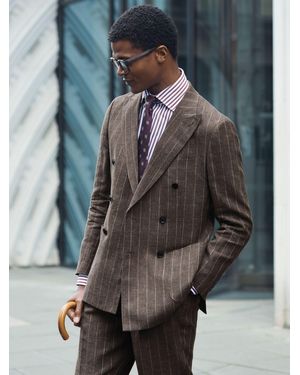 ATELIER Linen-Cotton Pinstripe Double-Breasted Blazer - Gray