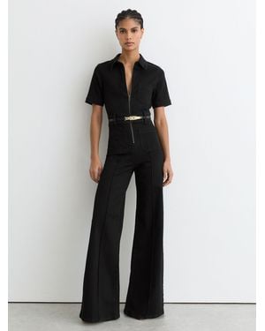 Reiss Wide-Leg Zip-Through Denim Jumpsuit - Black