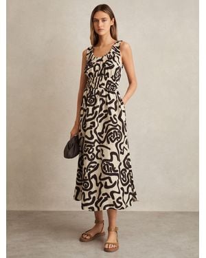 Reiss Akari - Brown/ivory Linen-blend Printed Shirred Midi Dress, Us 4 - Natural